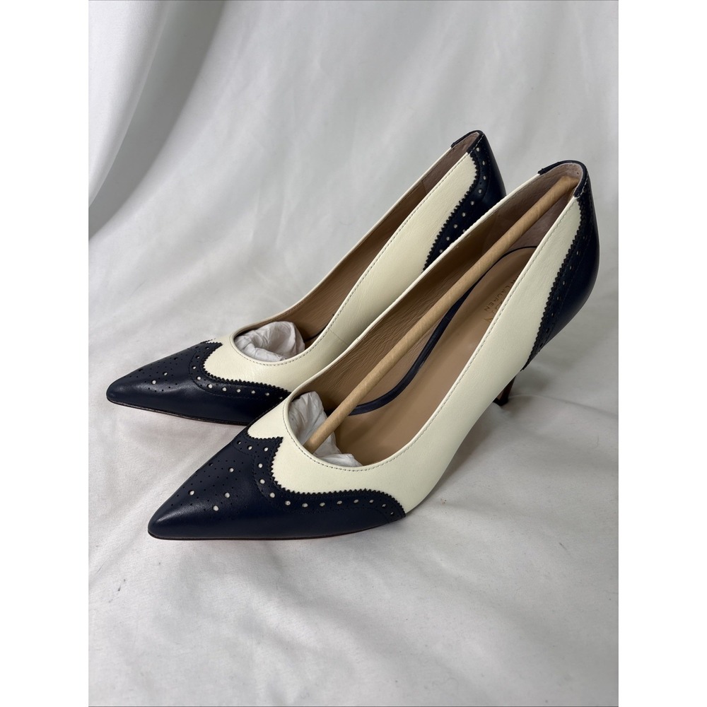 Lauren Ralph Lauren Women's 8.5 Lynden Leather Pointed Pump Heels Blue Cream - Picture 3 of 9